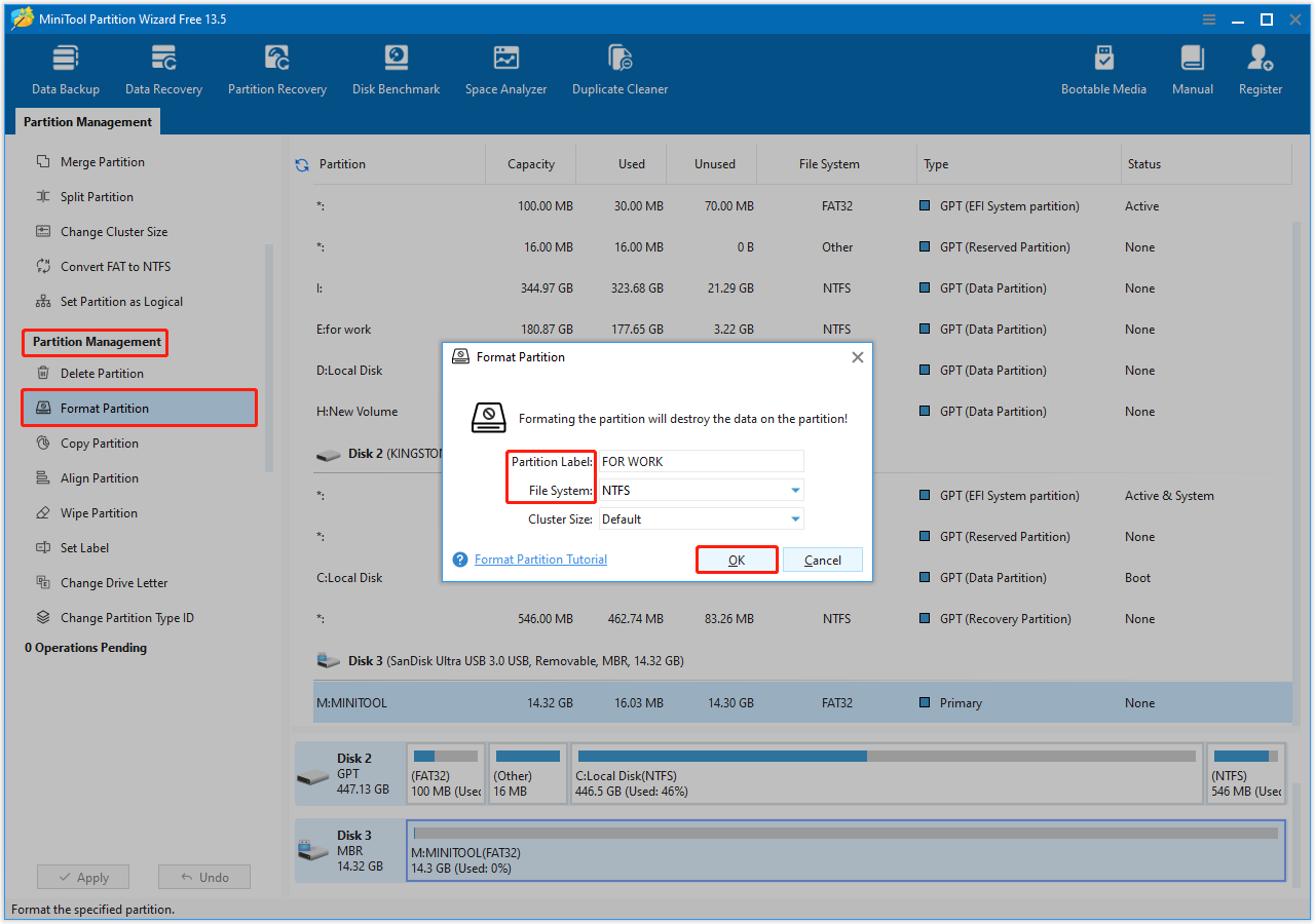 MiniTool Partition Wizard interface with the Format Partition option selected, showing a window to format the disk.