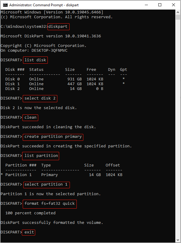 Command Prompt interface with the diskpart command running shows how to clean the disk.