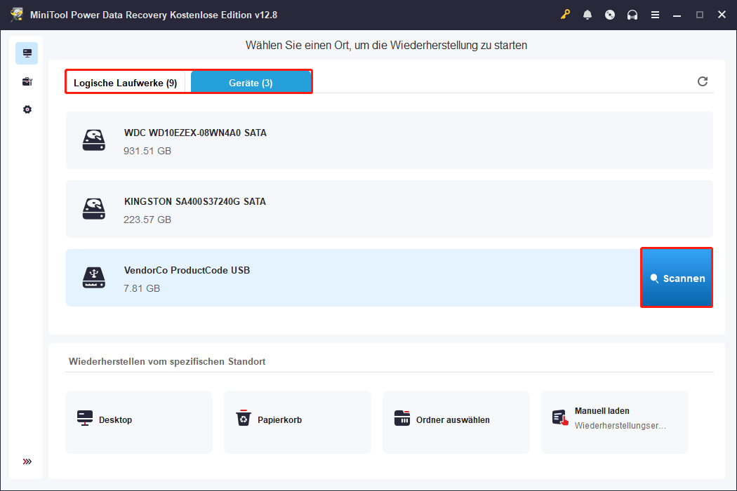 MiniTool Power Data Recovery-Oberfläche zeigt alle Datenträger, mit ausgewähltem Ziel-USB-Stick und hervorgehobener Schaltfläche Scannen.