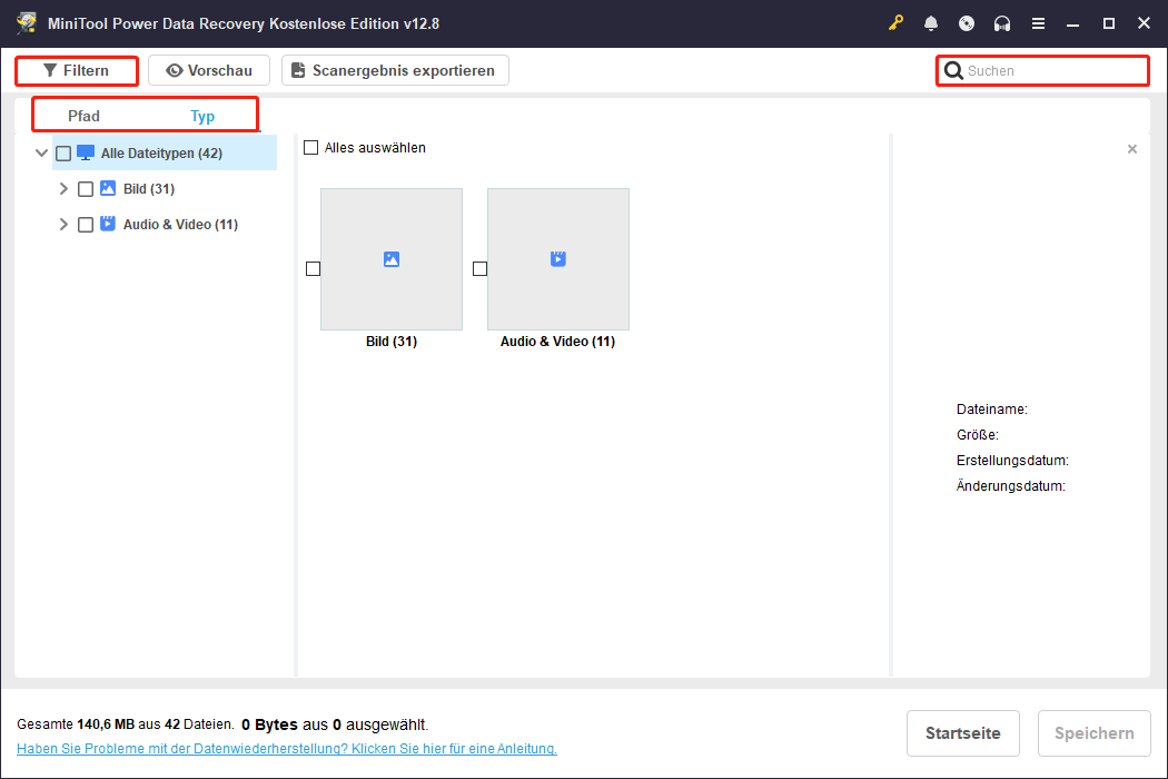 MiniTool Power Data Recovery-Ergebnisseite mit den Funktionen Pfad, Typ, Filter und Suche zum Finden der gewünschten Dateien.