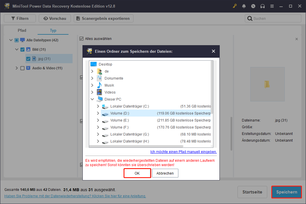 MiniTool Power Data Recovery-Oberfläche mit einem Fenster zur Pfadauswahl und markierter Schaltfläche Speichern.