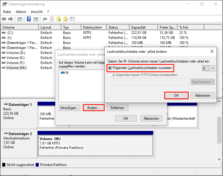 Datenträgerverwaltungsoberfläche mit dem Fenster „Laufwerksbuchstaben und -pfade ändern“, das zeigt, wie der Laufwerksbuchstabe geändert wird.