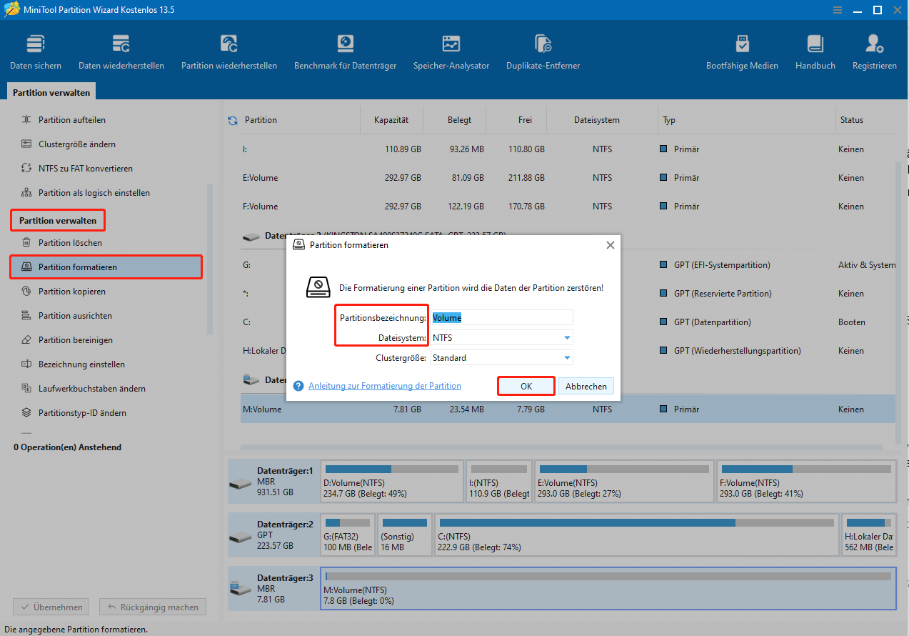 MiniTool Partition Wizard-Oberfläche mit ausgewählter Option „Partition formatieren“ und einem Fenster zum Formatieren des Datenträgers.