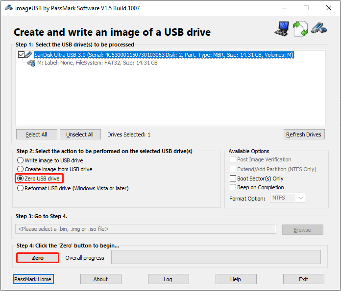ImageUSB-Oberfläche mit ausgewähltem Ziel-USB-Stick, aktivierter Option Zero USB drive und markierter Schaltfläche Zero zum Löschen des Datenträgers.