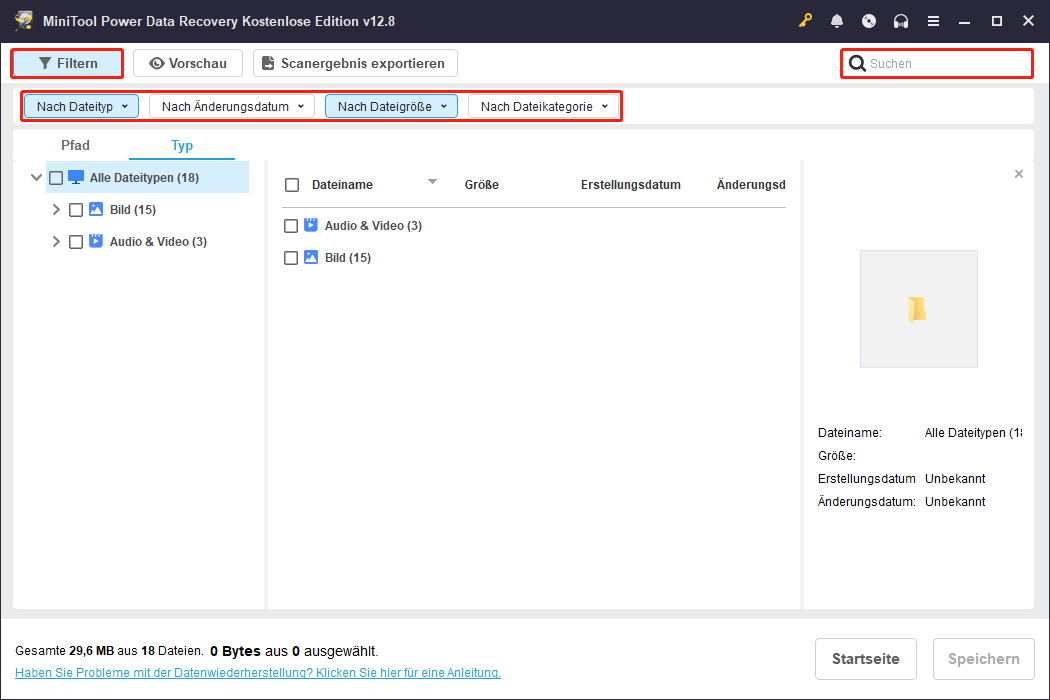 MiniTool Power Data Recovery-Oberfläche mit hervorgehobenen Filter- und Suchfunktionen im oberen Bereich zur Dateisuche.