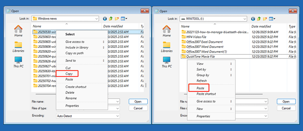 Notepad window with the Copy and Paste options selected to transfer files.