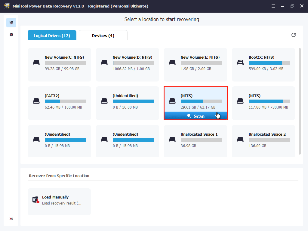 MiniTool Power Data Recovery interface with the Scan button selected to scan for files.