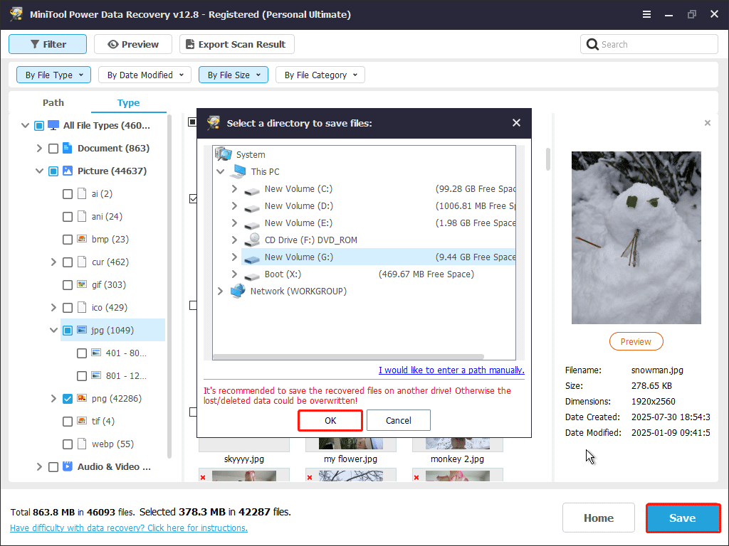 MiniTool Power Data Recovery interface with the Save button selected, showing a small window for save path selection.