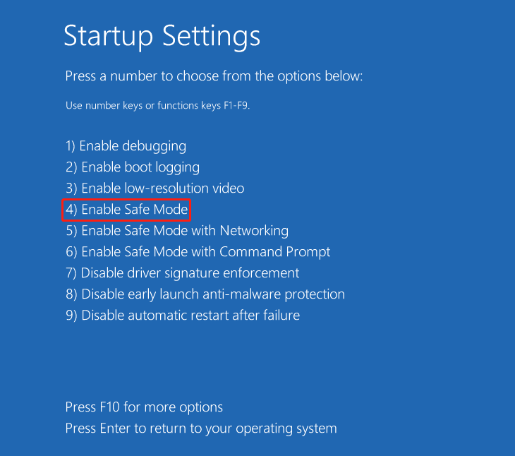 Startup Settings interface with the Enable Safe Mode option highlighted.