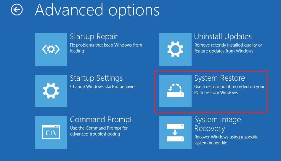 Advanced options interface with the System Restore option selected.