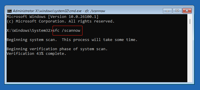 Command Prompt window with the sfc scannow command executed to repair system files.