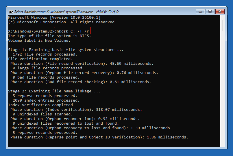 Command Prompt window with the CHKDSK command running on the C drive.