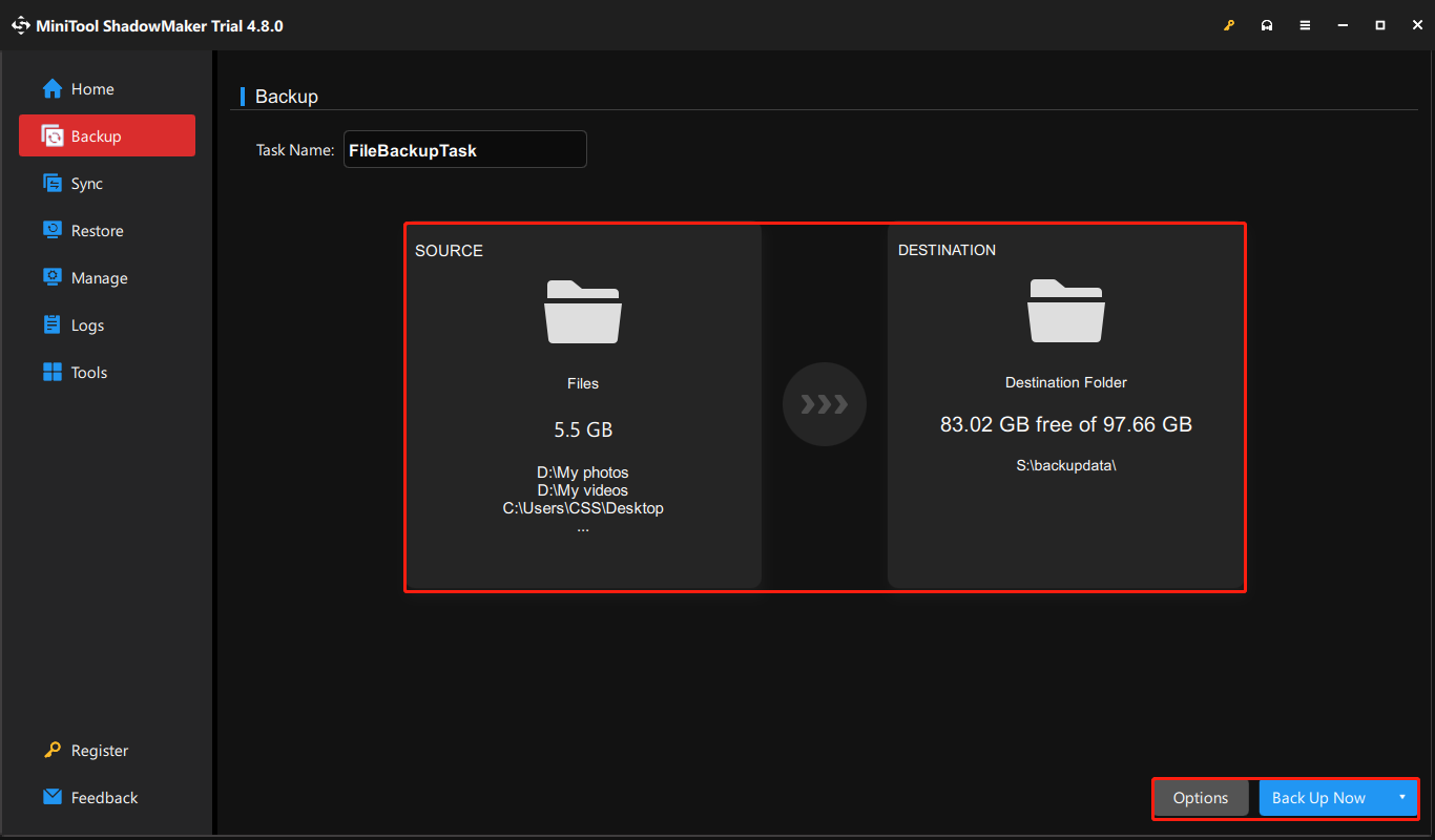 Backup tab in MiniTool ShadowMaker interface, with the SOURCE, DESTINATION, Options, and Back Up Now buttons highlighted.