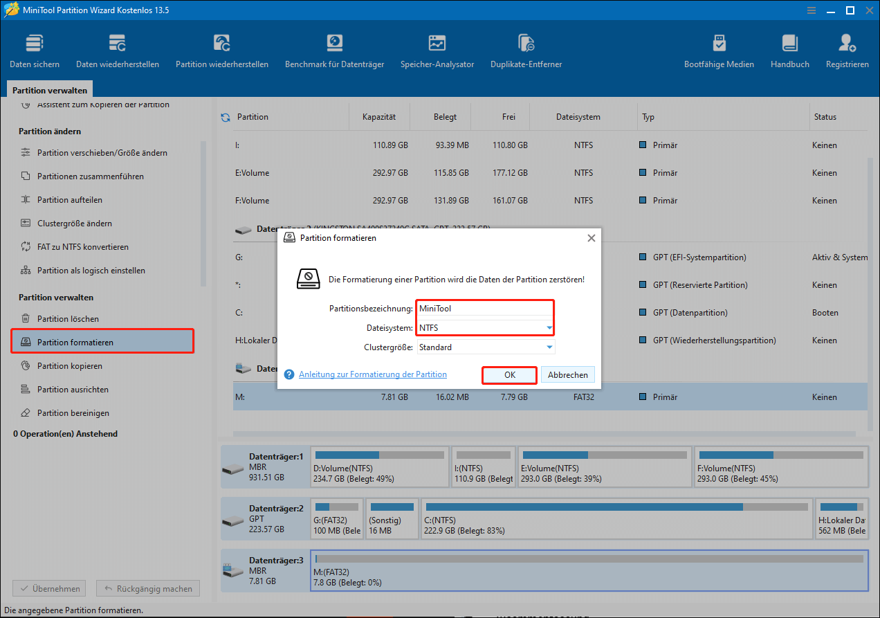 MiniTool Partition Wizard-Seite mit ausgewählter Option „Partition formatieren“, Fenster zur Eingabe von Bezeichnung und Dateisystem.