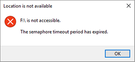 Eine typische Fehlermeldung lautet, dass auf das Laufwerk F nicht zugegriffen werden kann und das Zeitlimit für die Semaphore erreicht wurde.