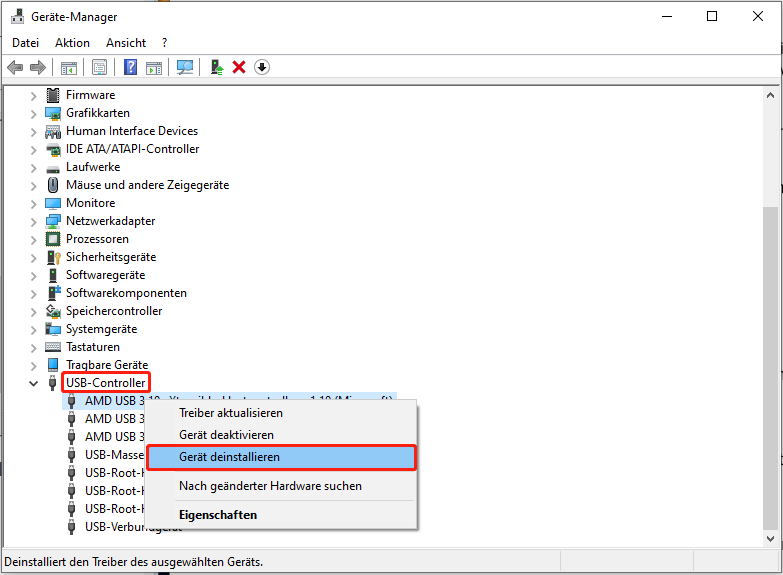 Geräte-Manager-Oberfläche mit Anzeige der USB-Controller, ausgewählte Option Gerät deinstallieren.