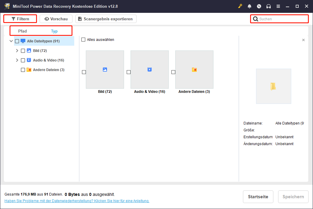 Scan-Ergebnisseite von MiniTool Power Data Recovery mit ausgewählten Optionen Pfad, Typ, Filter und Suche zur Dateisuche.
