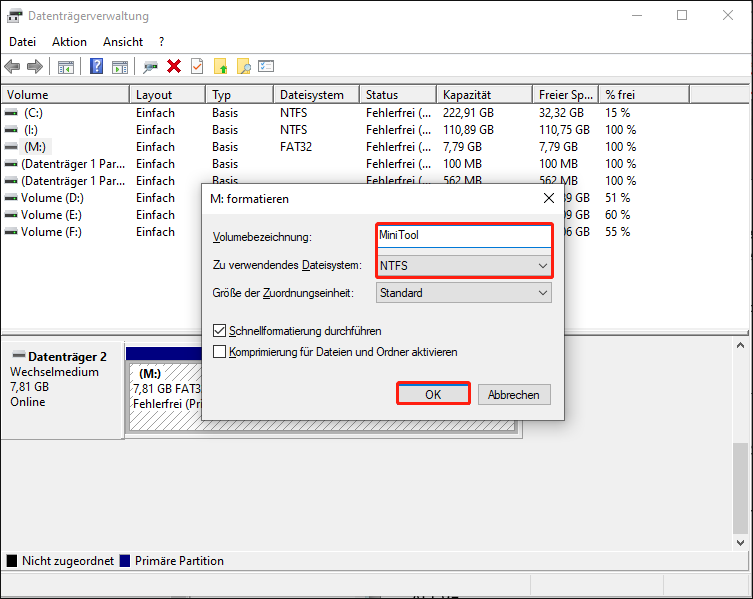 Datenträgerverwaltung-Oberfläche mit Formatierungsfenster, ausgewähltes Volumenetikett und Dateisystem.
