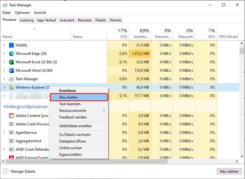 Die Task-Manager-Oberfläche zeigt die laufenden Programme mit hervorgehobenem Windows-Explorer und der Option Neu starten.