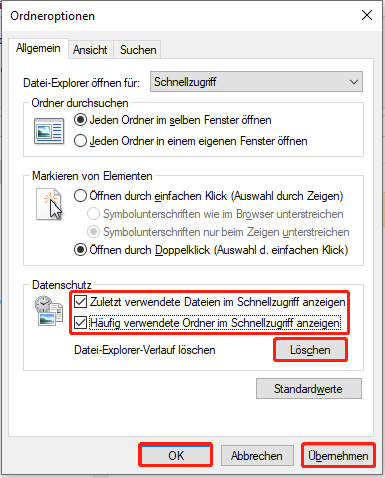 Die Registerkarte Allgemein in den Ordneroptionen mit aktivierten Optionen für zuletzt verwendete Dateien und häufig verwendete Ordner im Schnellzugriff.