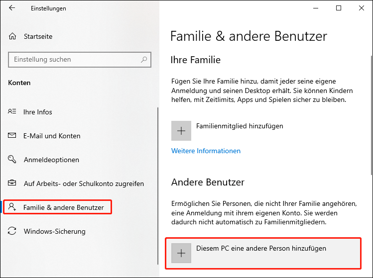 Die Kontoeinstellungen zeigen den Bereich Familie und andere Benutzer mit ausgewählter Option Andere Person zu diesem PC hinzufügen.