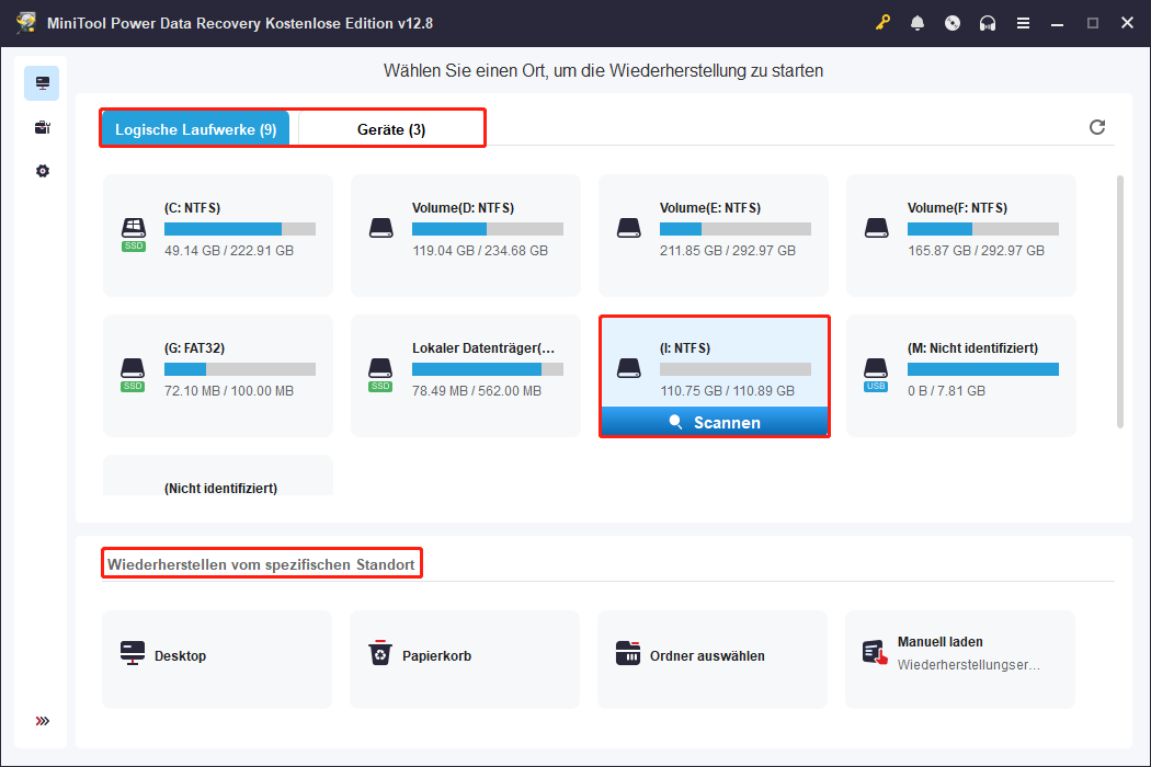 MiniTool-Power-Data-Recovery-Fenster mit den Scan-Modulen Logische Laufwerke und Geräte sowie hervorgehobener Schaltfläche Scannen.