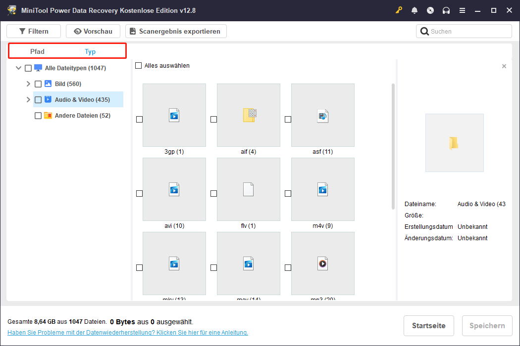 Die Typ-Oberfläche in MiniTool Power Data Recovery zeigt Audio- und Videodateien, wobei Pfad und Typ hervorgehoben sind.