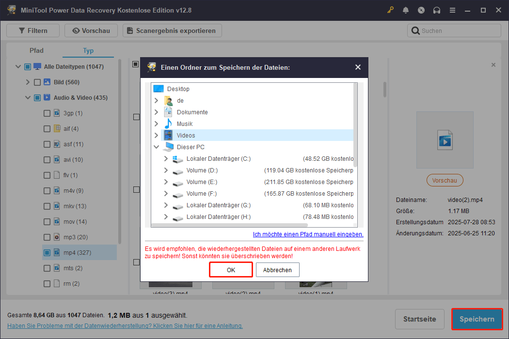 MiniTool-Power-Data-Recovery-Oberfläche mit angezeigten Speicherorten sowie hervorgehobenen Schaltflächen Speichern und OK.