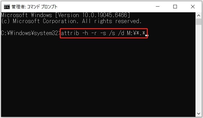コマンドプロンプトに入力された「attrib -h -r -s /s /d M:\*.*」コマンド