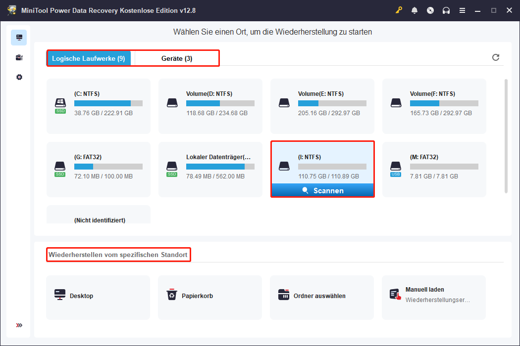 MiniTool Power Data Recovery-Fenster mit den drei Scan-Bereichen, hervorgehobene E-Partition und Scan-Schaltfläche.