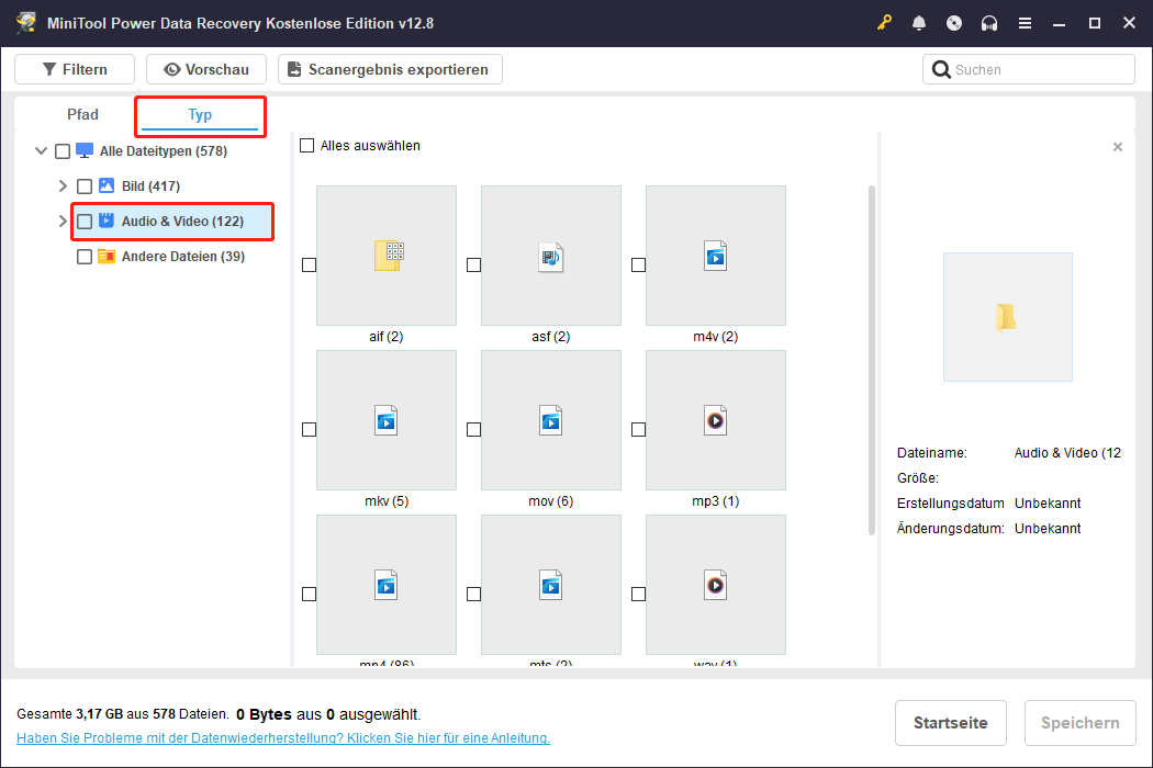MiniTool Power Data Recovery-Benutzeroberfläche mit Anzeige der Audio- und Video-Dateiformate, ausgewählte Audio- und Videoformate.