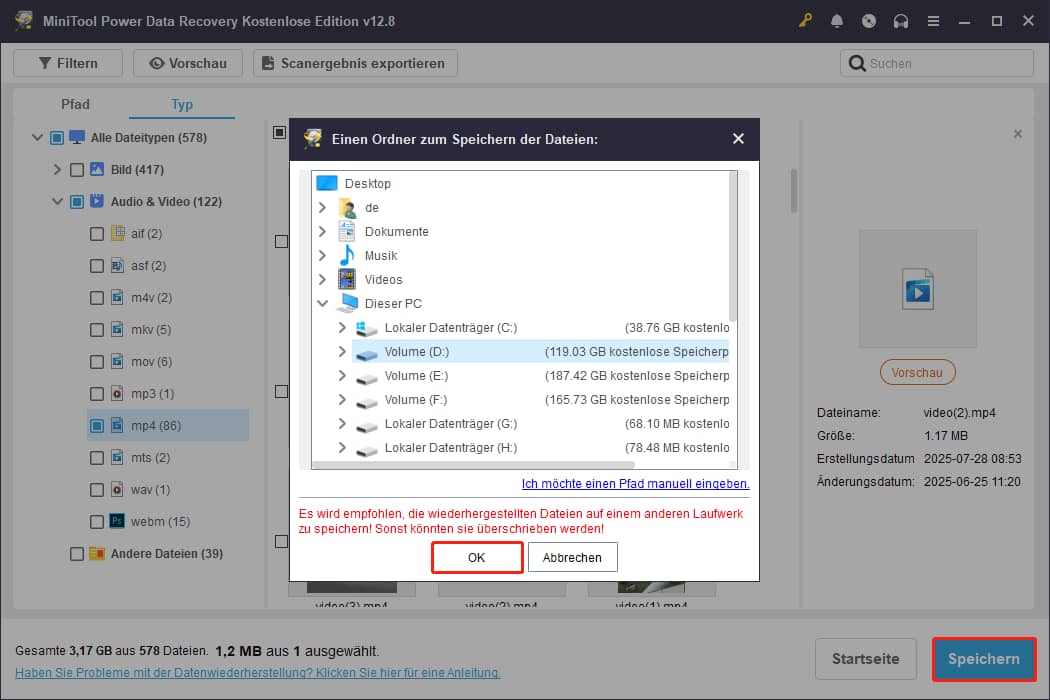 MiniTool Power Data Recovery-Oberfläche mit Speicherort für wiederhergestellte Dateien, hervorgehobene Schaltflächen Speichern und OK.
