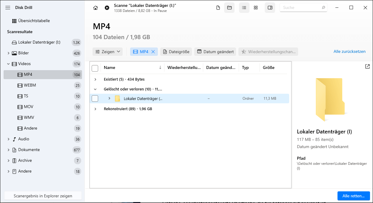 Die Disk-Drill-Oberfläche zeigt die Scanergebnisse für das lokale Laufwerk I, wobei die Dateitypen in der linken Leiste aufgelistet sind.