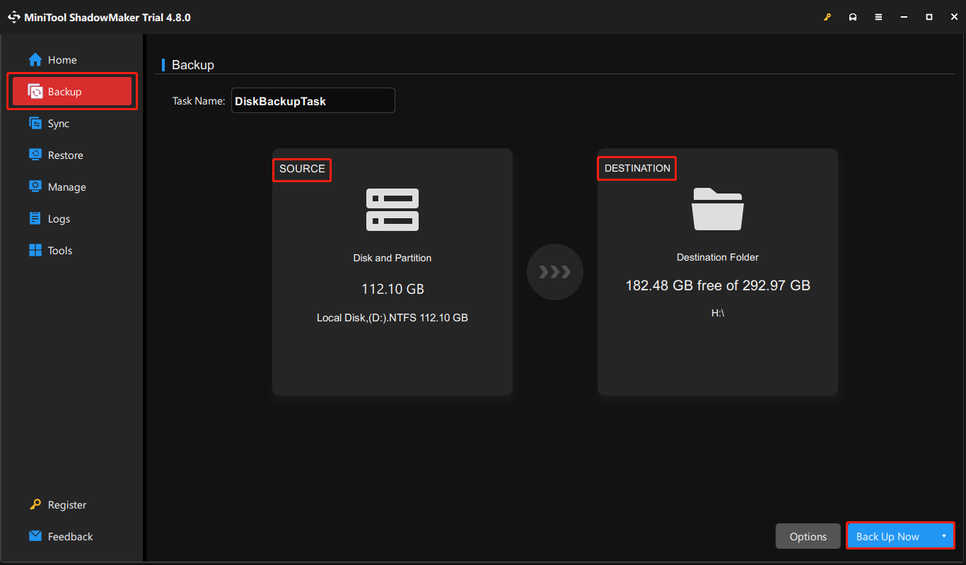 MiniTool ShadowMaker interface showing the Backup section, with SOURCE, DESTINATION, and Back Up Now selected.