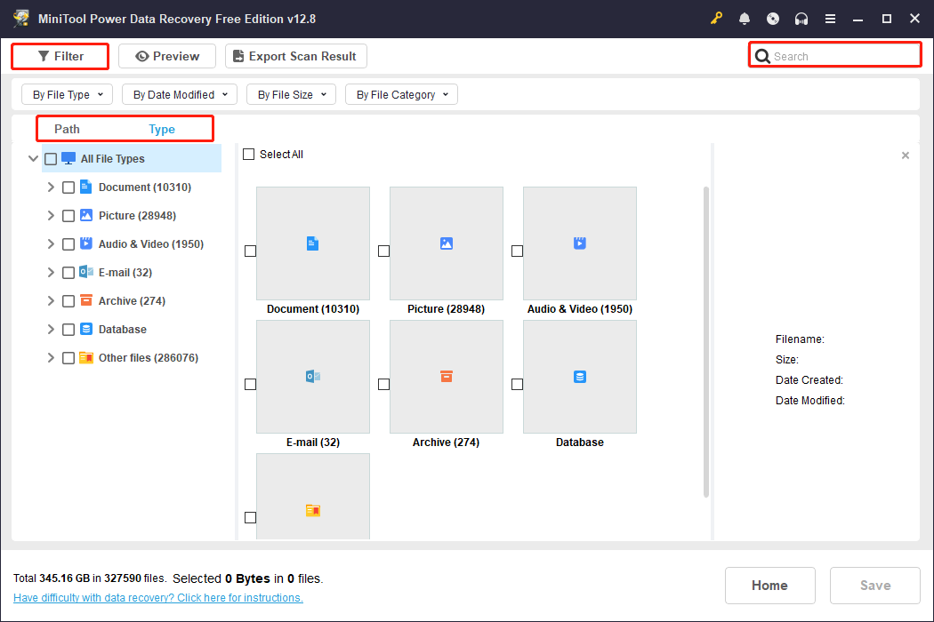 The scan results page of MiniTool Power Data Recovery with Path, Type, Filter, and Search selected to locate the files.