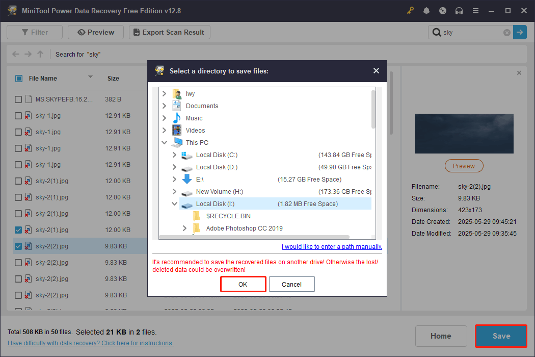 MiniTool Power Data Recovery interface shows the save path options, with the target one and the Save button selected.