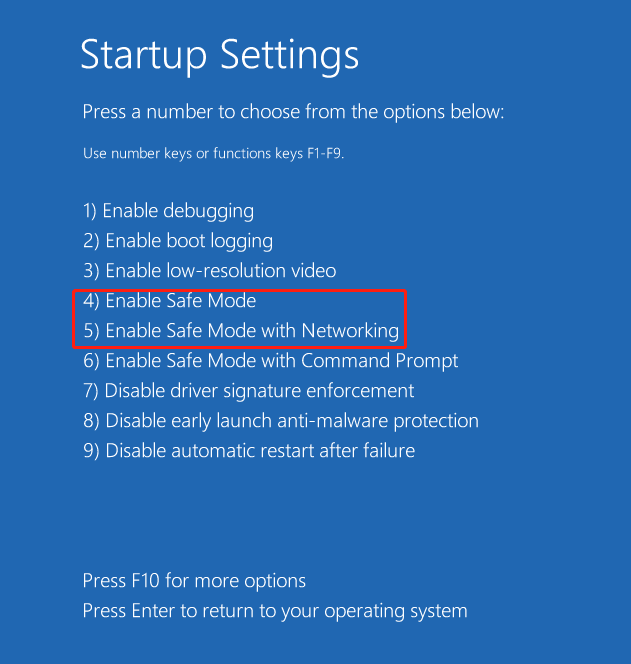 The Startup Settings page shows boot options, with Enter Safe Mode and Enter Safe Mode with Networking selected.