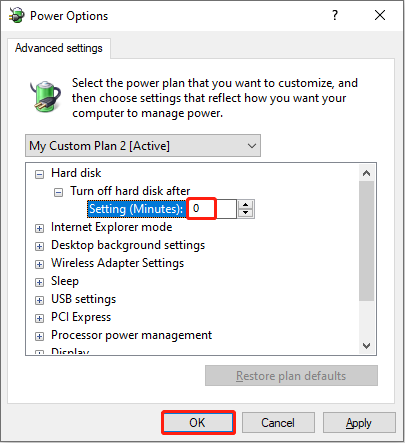 The Power Options interface with the Hard disk category expanded to change the setting to 0.