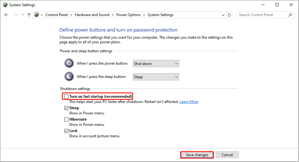 The System Settings page with the Turn on fast startup option unchecked and the Save changes button selected.