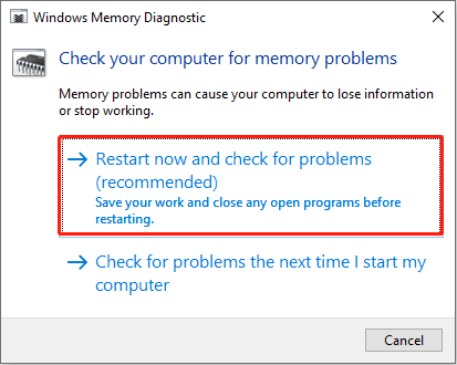 Windows Memory Diagnostic interface with the Restart now and check for problems option selected.