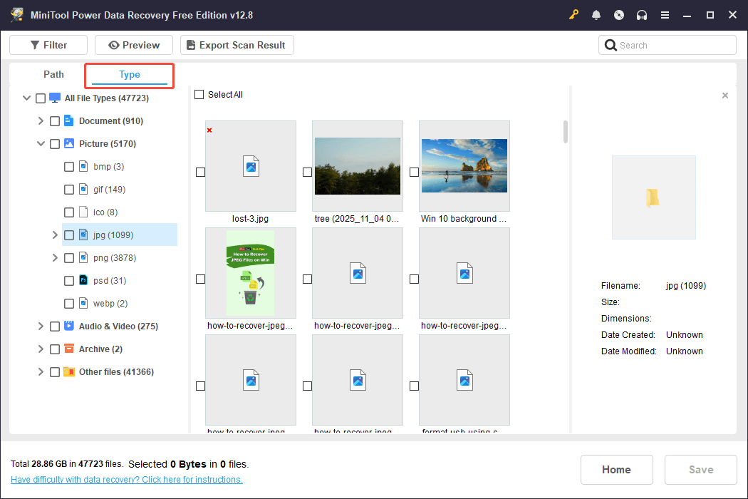 The Type interface in MiniTool Power Data Recovery showing the jpg files, with the Type button highlighted.