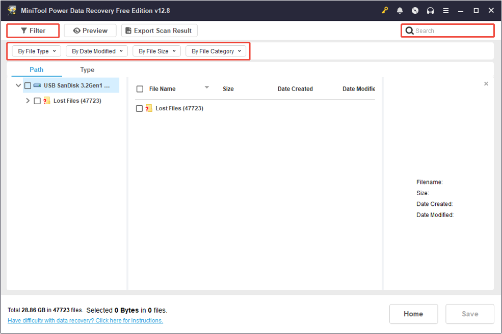 MiniTool Power Data Recovery showing the Filter features, with filtering criteria, Filter, and the Search box highlighted.