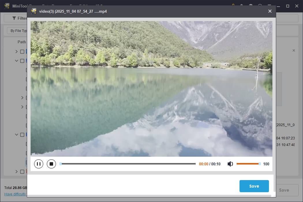 The preview interface in MiniTool Power Data Recovery displays a lake and mountains for file confirmation.