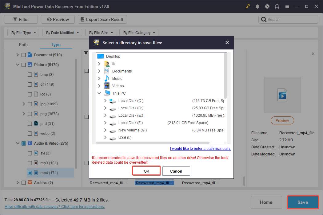 MiniTool Power Data Recovery interface showing the save locations, with the Save and OK buttons highlighted.