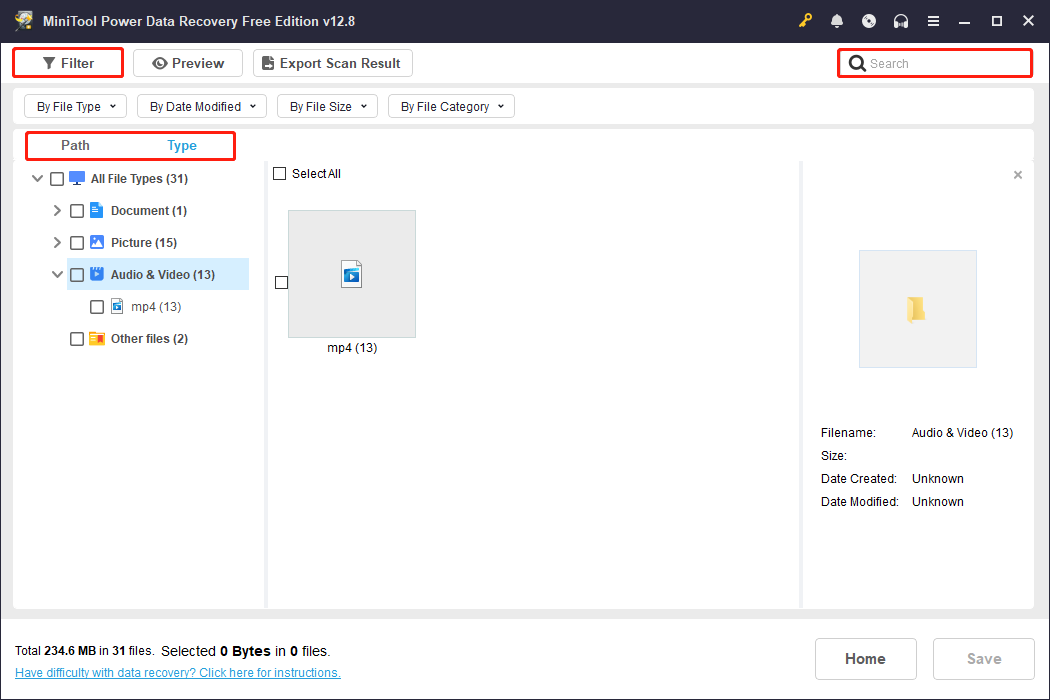 MiniTool Power Data Recovery scan results page with Path, Type, Filter, and Search selected to locate the target files.