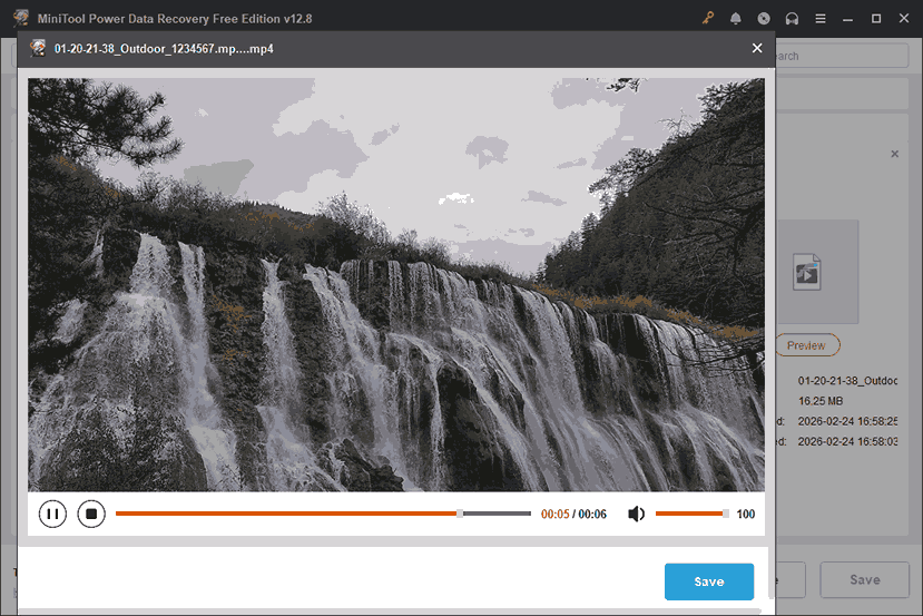 A video showing a waterfall embedded in the MiniTool Power Data Recovery interface.