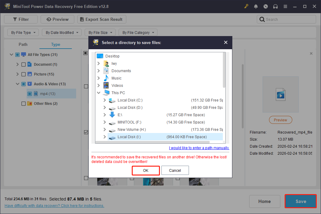 MiniTool Power Data Recovery interface with the Save button selected, showing paths for the recovered videos.