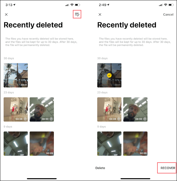 The two mobile phone screenshots in Insta360 showing the recently deleted items, with the icon and RECOVER selected.