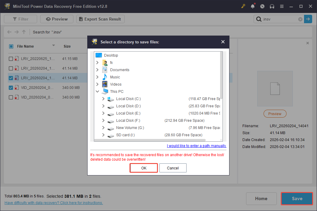 MiniTool Power Data Recovery interface showing the save directories, with the Save and OK buttons selected.