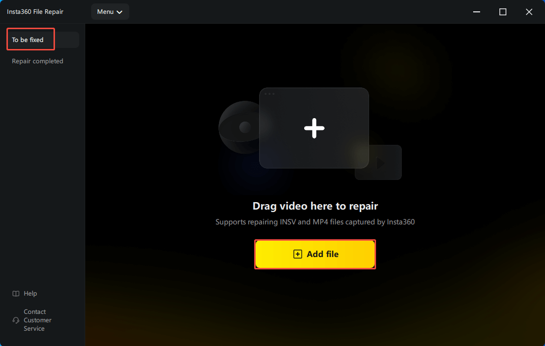 Instal360 File Repair interface displaying the To be fixed window, with the Add file button and To be fixed highlighted.